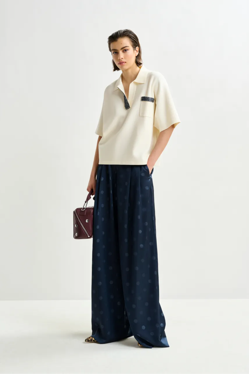 Off-white and grey polo top with bead embellishments