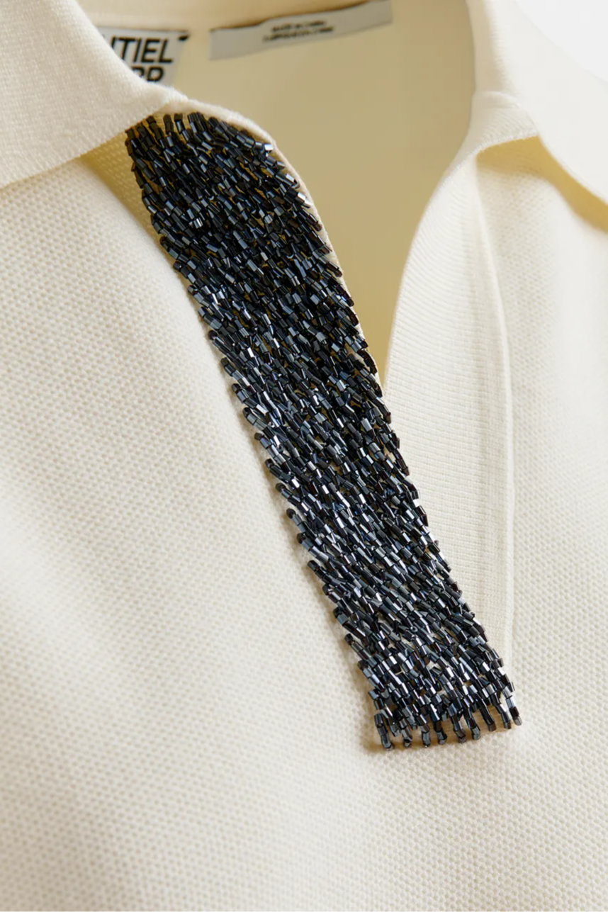 Off-white and grey polo top with bead embellishments
