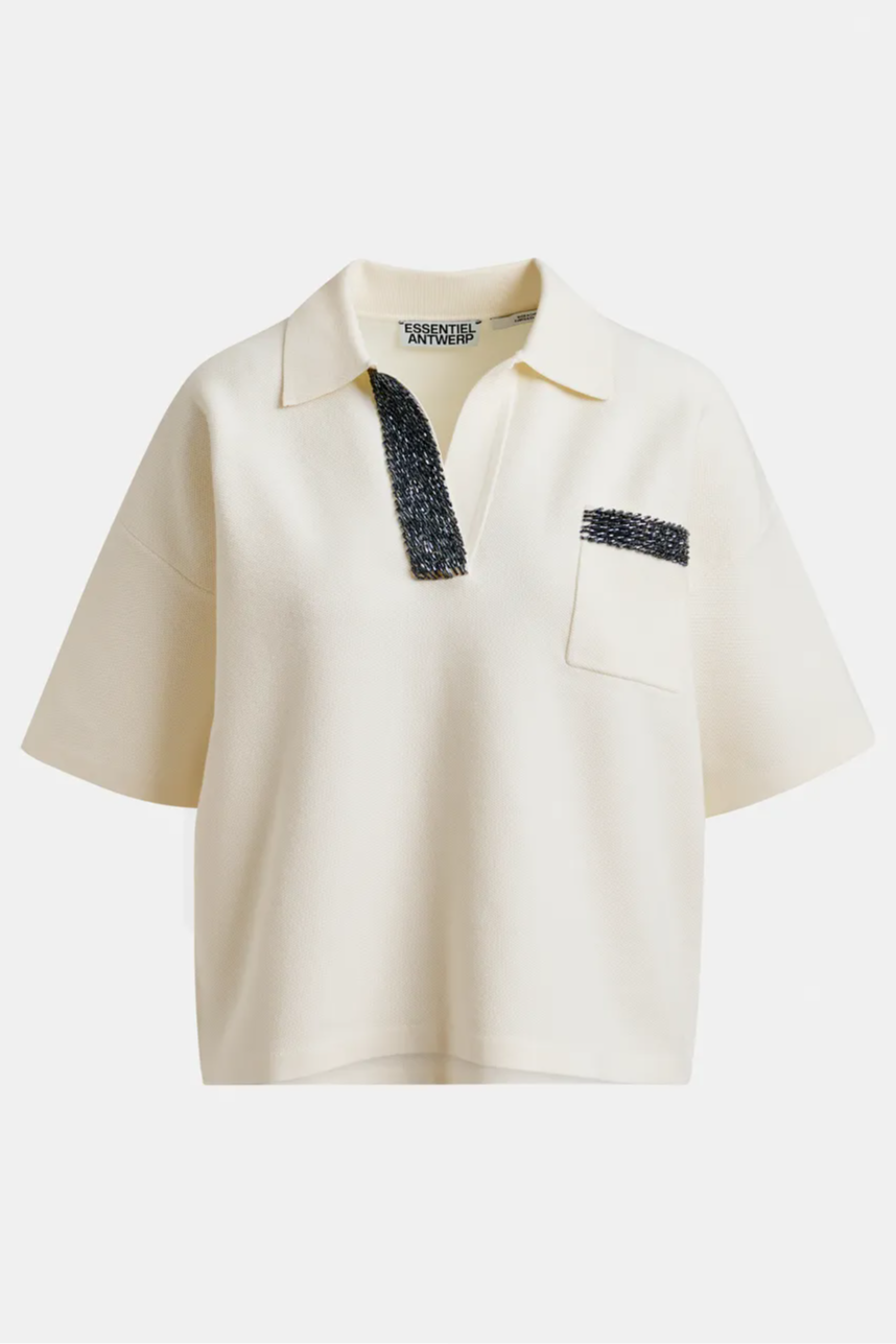 Off-white and grey polo top with bead embellishments