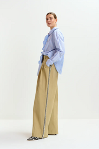 Beige rhinestone-trimmed pleated wide-leg pants