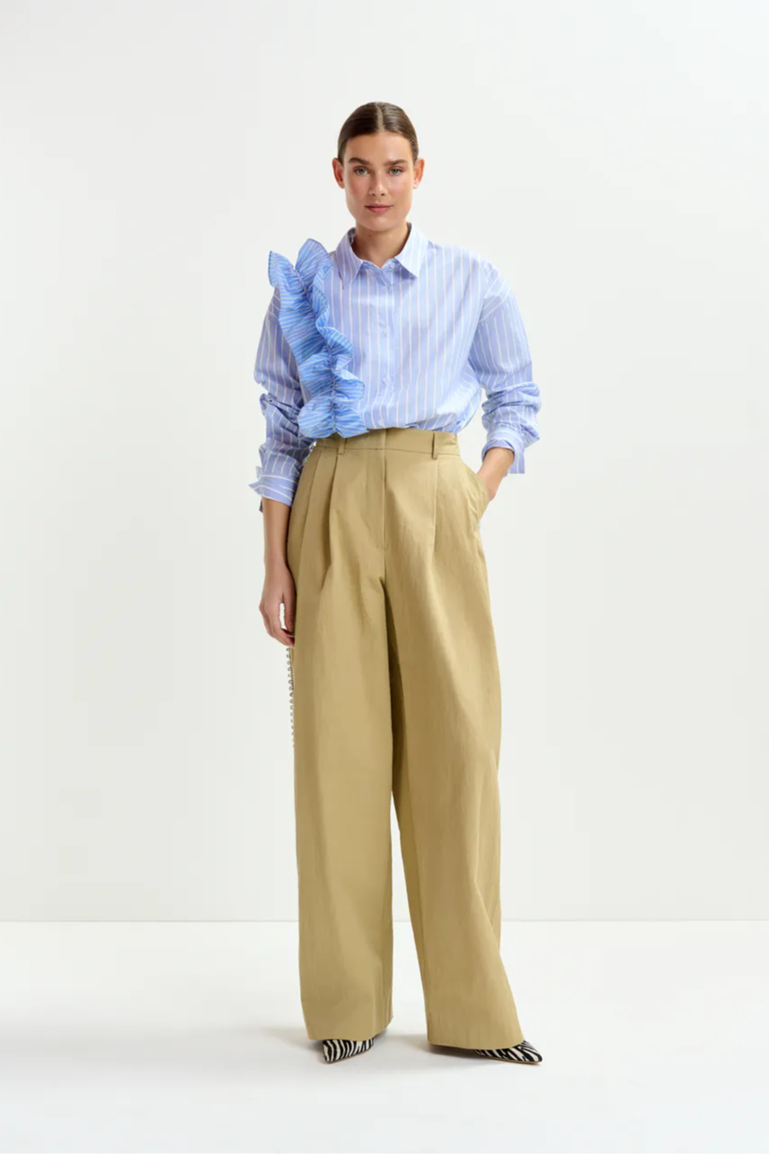Beige rhinestone-trimmed pleated wide-leg pants