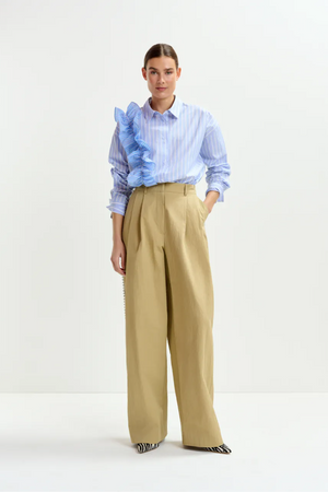 Beige rhinestone-trimmed pleated wide-leg pants