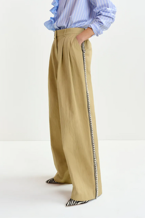 Beige rhinestone-trimmed pleated wide-leg pants
