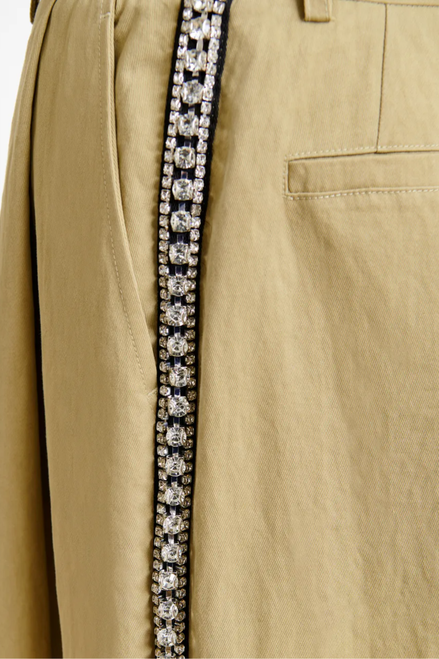 Beige rhinestone-trimmed pleated wide-leg pants