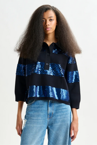 Navy and blue striped sequin-embellished polo