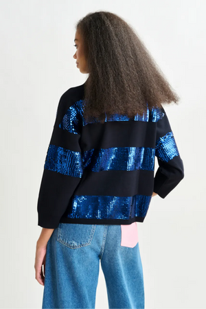 Navy and blue striped sequin-embellished polo