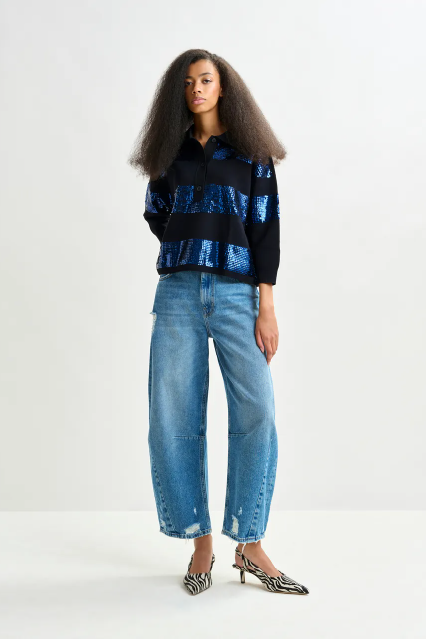 Navy and blue striped sequin-embellished polo