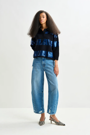 Navy and blue striped sequin-embellished polo