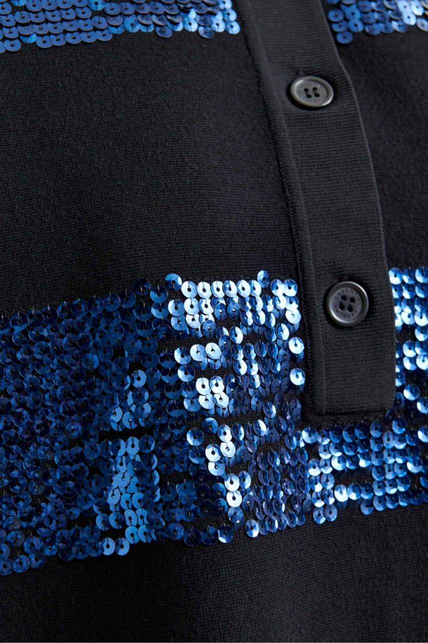 Navy and blue striped sequin-embellished polo