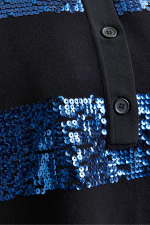 Navy and blue striped sequin-embellished polo