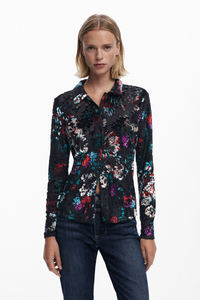 Button Up Velvet Burnout Blouse
