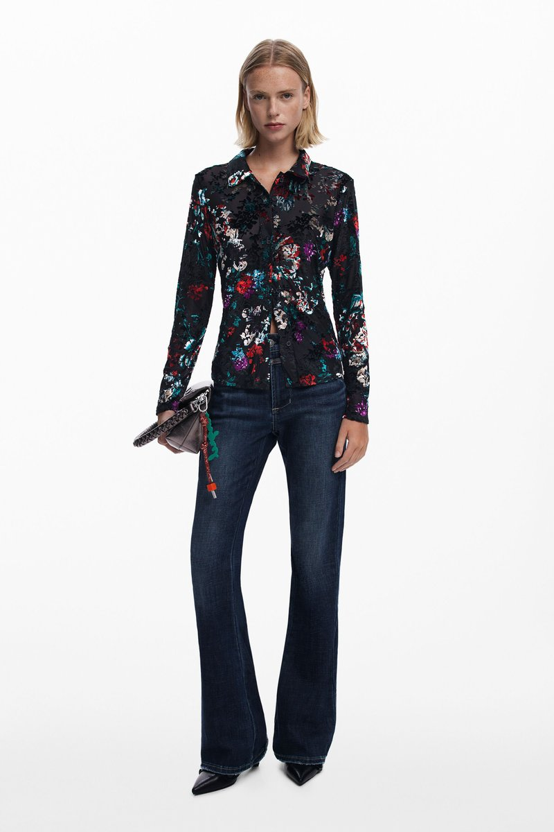 Button Up Velvet Burnout Blouse