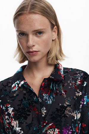 Button Up Velvet Burnout Blouse