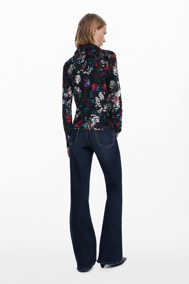 Button Up Velvet Burnout Blouse