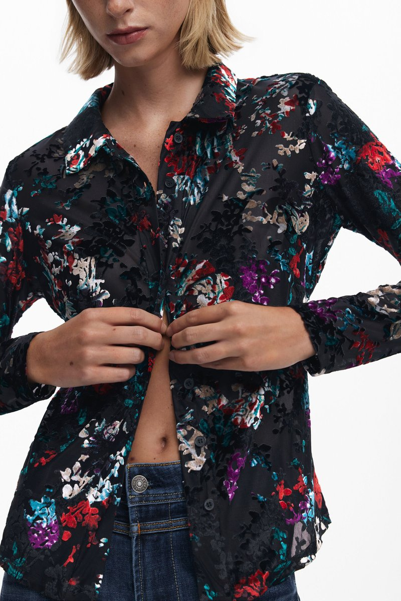 Button Up Velvet Burnout Blouse