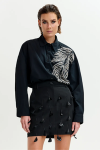 Black and silver oversized cotton shirt with sequin and bead embellishment