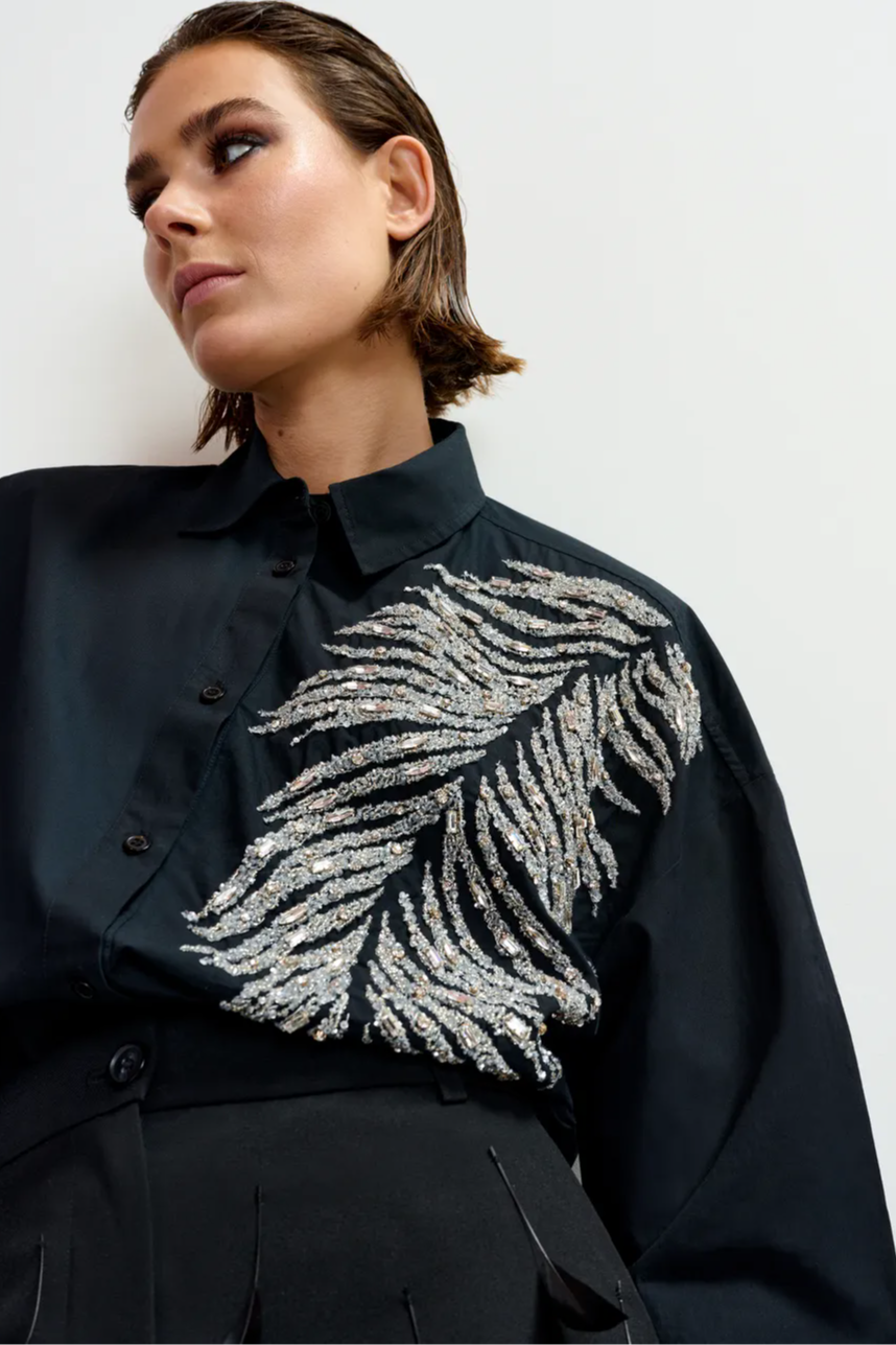 Black and silver oversized cotton shirt with sequin and bead embellishment