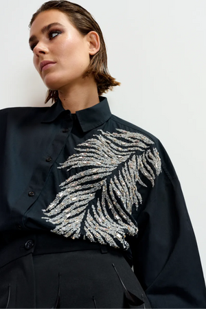 Black and silver oversized cotton shirt with sequin and bead embellishment