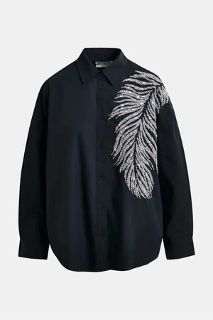 Black and silver oversized cotton shirt with sequin and bead embellishment