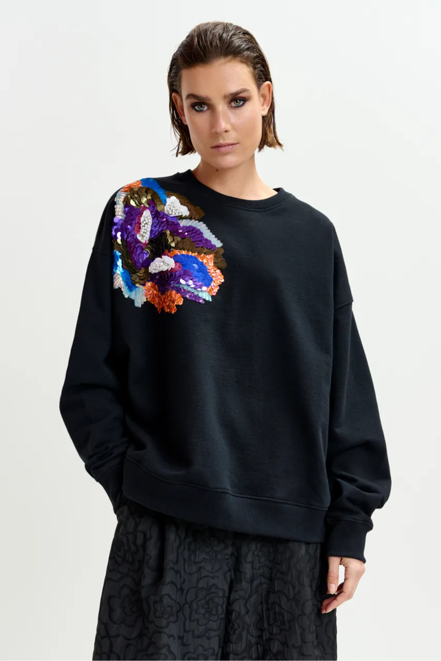 Black and multicolor cotton sweatshirt with floral sequin and bead-embellished embroideryfloweratshirt
