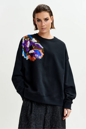 Black and multicolor cotton sweatshirt with floral sequin and bead-embellished embroideryfloweratshirt