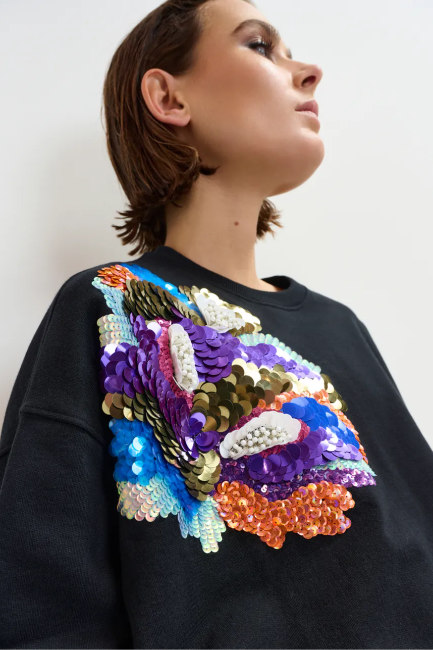 Black and multicolor cotton sweatshirt with floral sequin and bead-embellished embroideryfloweratshirt