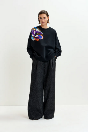 Black and multicolor cotton sweatshirt with floral sequin and bead-embellished embroideryfloweratshirt