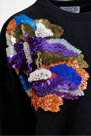 Black and multicolor cotton sweatshirt with floral sequin and bead-embellished embroideryfloweratshirt