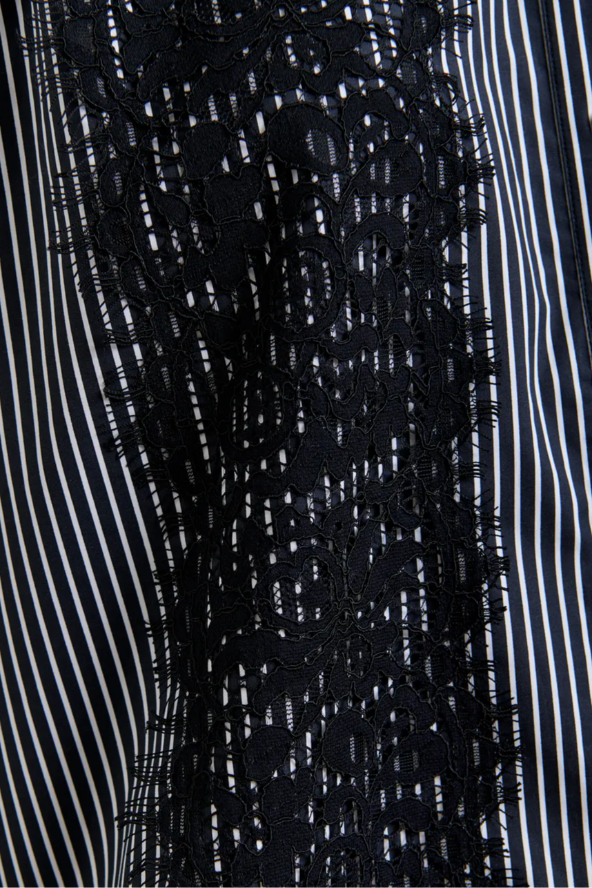 Black and white oversized striped cotton shirt with lace trims