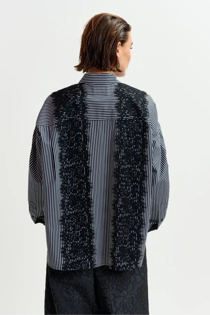 Black and white oversized striped cotton shirt with lace trims