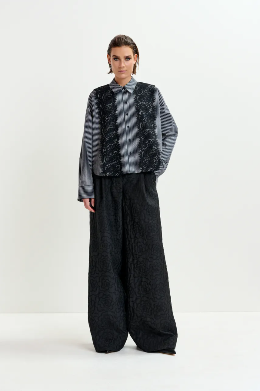 Black and white oversized striped cotton shirt with lace trims