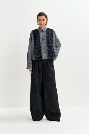 Black and white oversized striped cotton shirt with lace trims