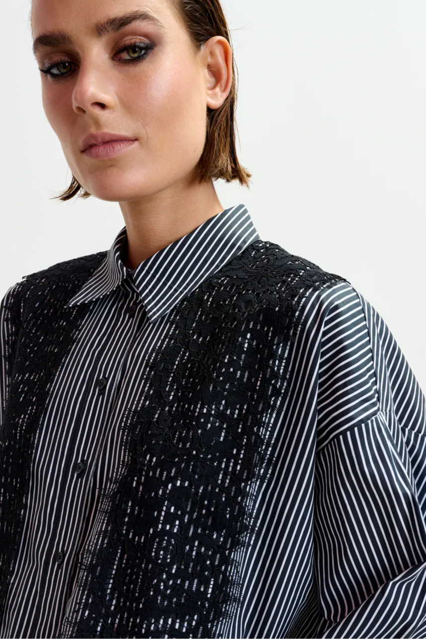 Black and white oversized striped cotton shirt with lace trims