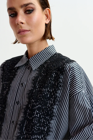 Black and white oversized striped cotton shirt with lace trims