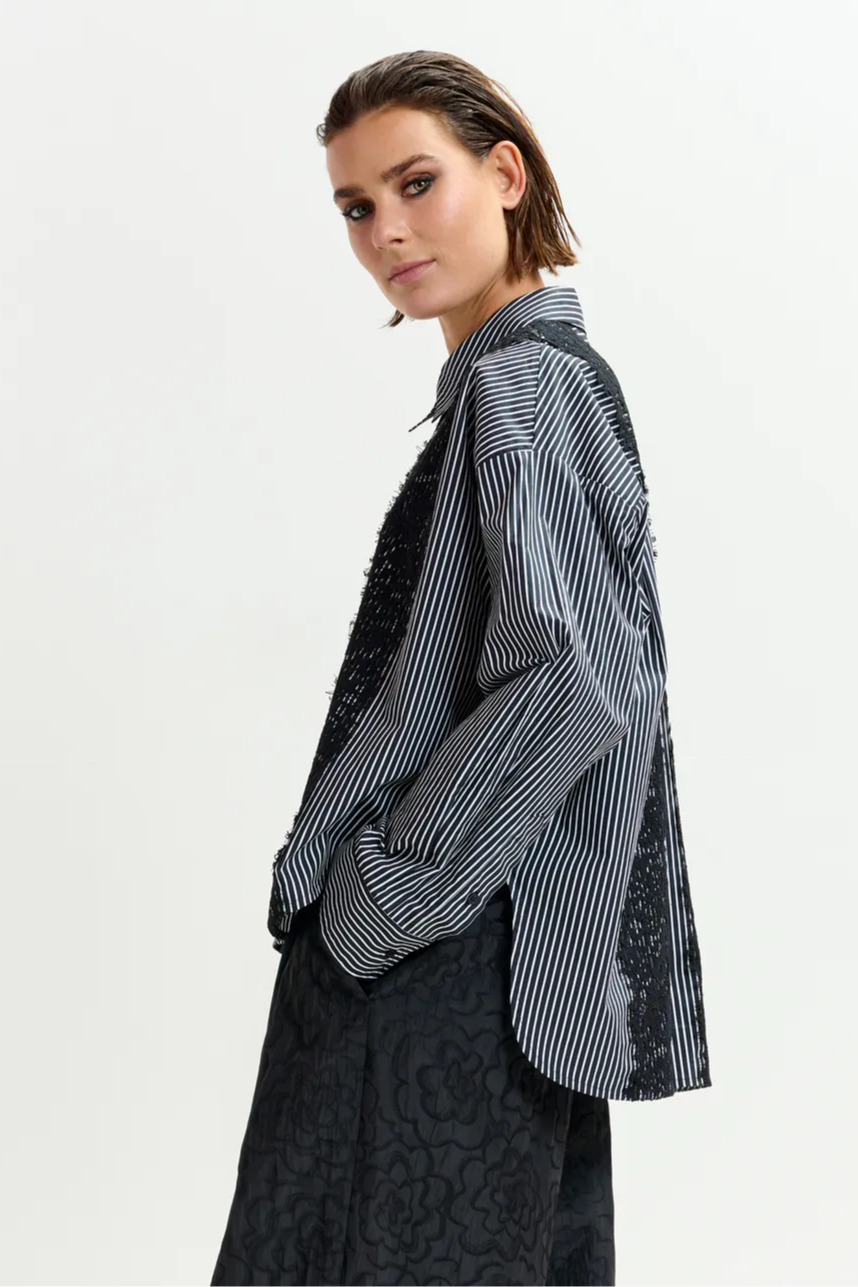 Black and white oversized striped cotton shirt with lace trims