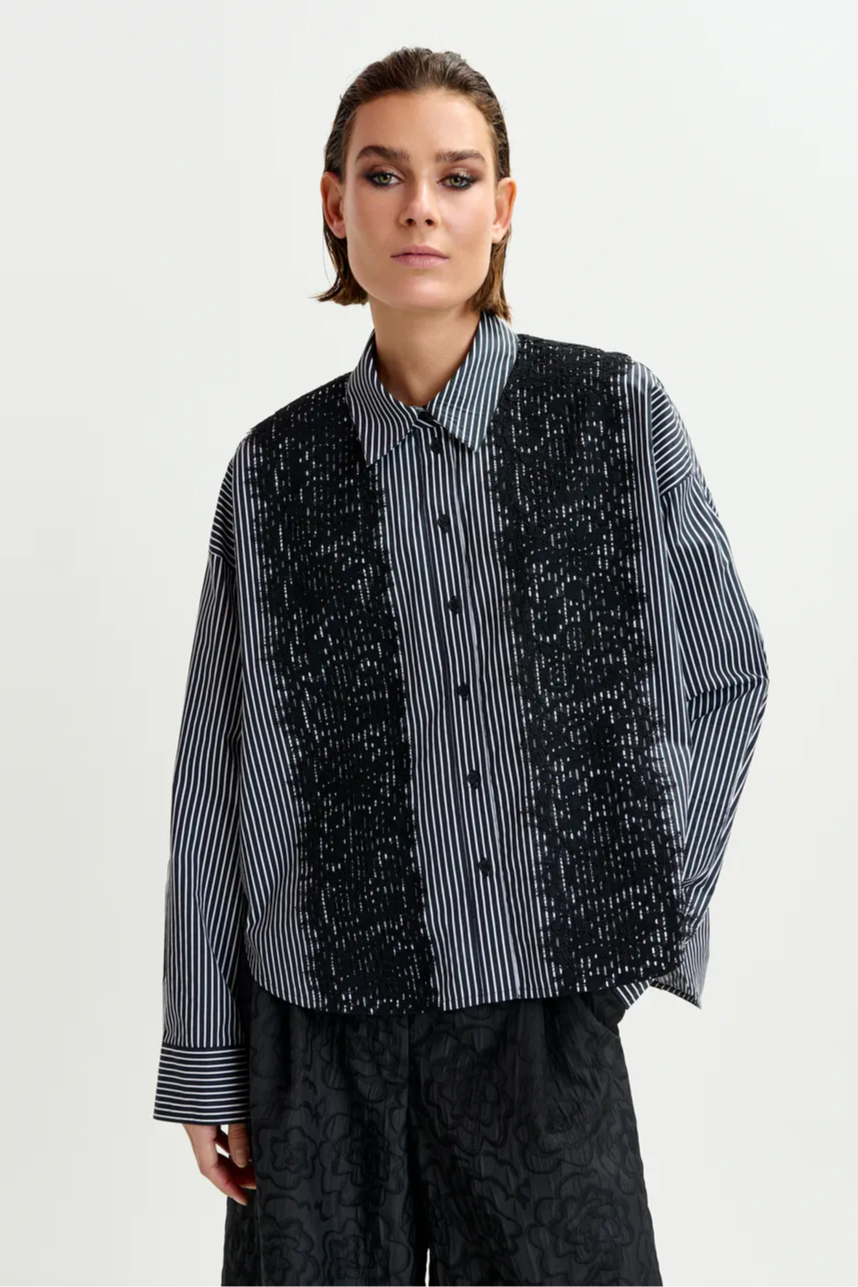 Black and white oversized striped cotton shirt with lace trims