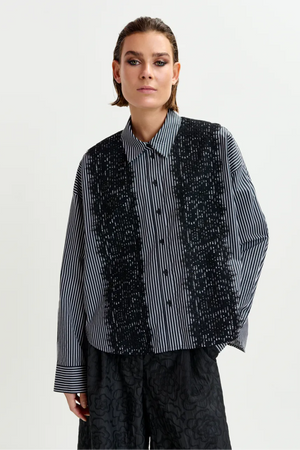 Black and white oversized striped cotton shirt with lace trims