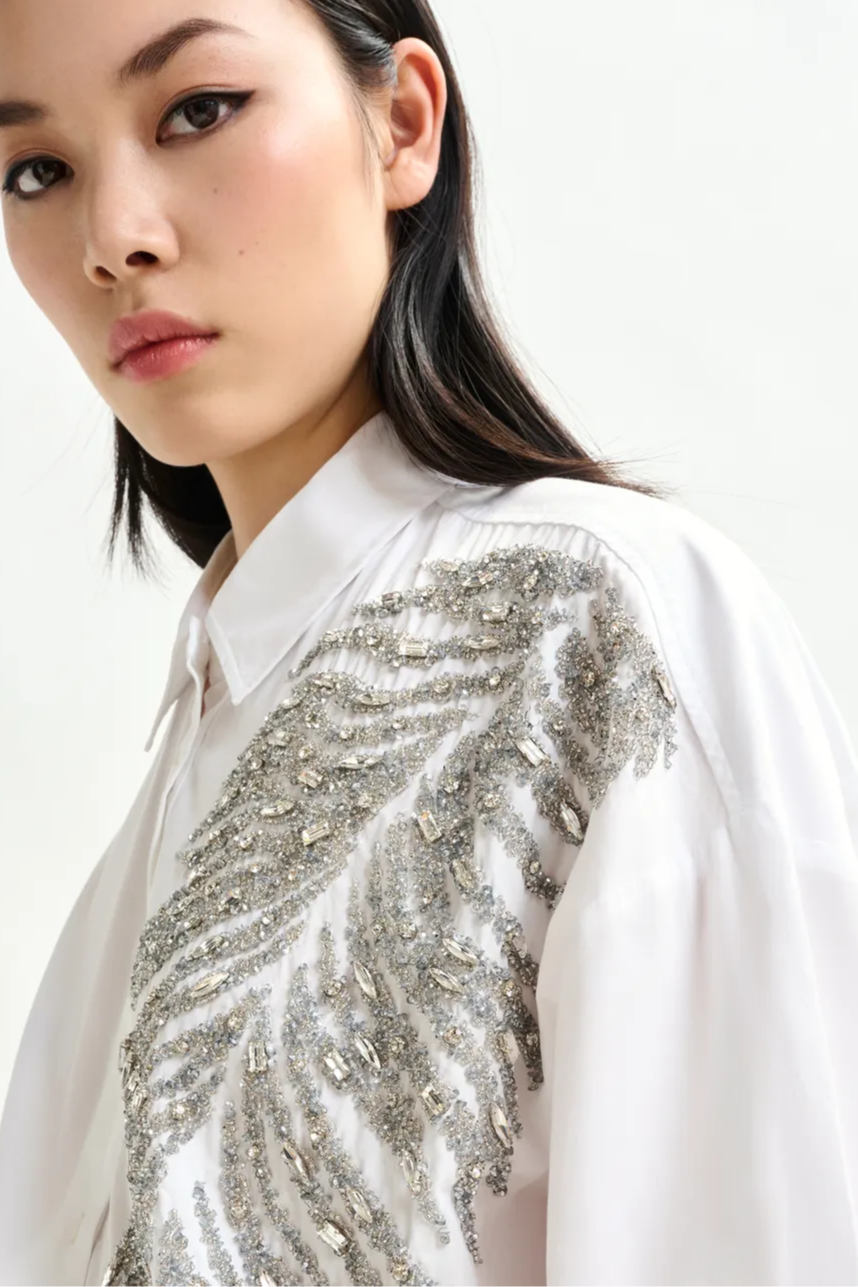 White silver oversized cotton shirt with sequin and bead embellishment