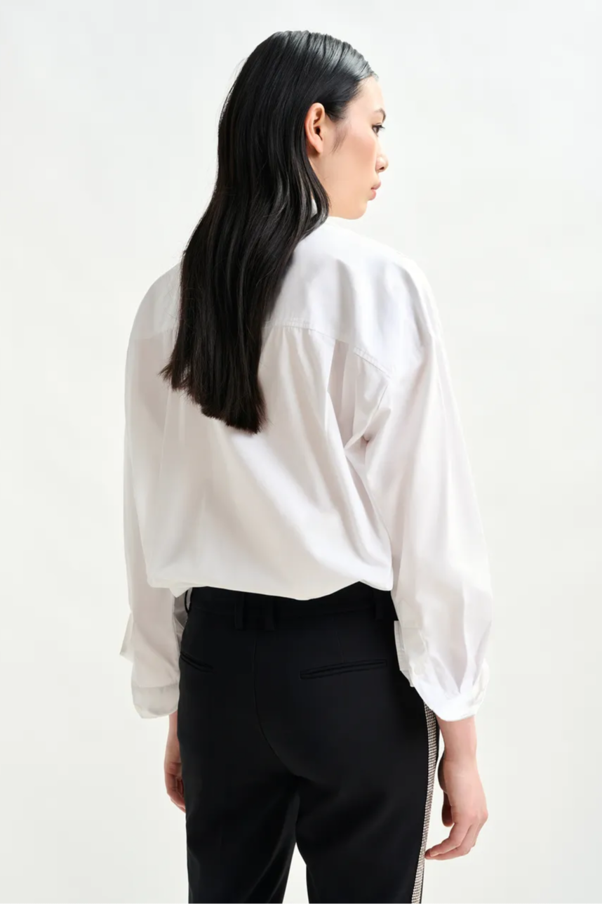 White silver oversized cotton shirt with sequin and bead embellishment