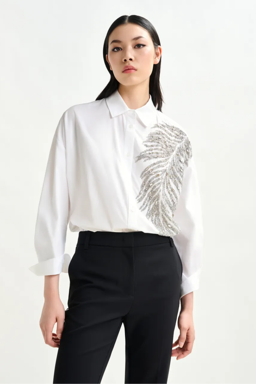 White silver oversized cotton shirt with sequin and bead embellishment