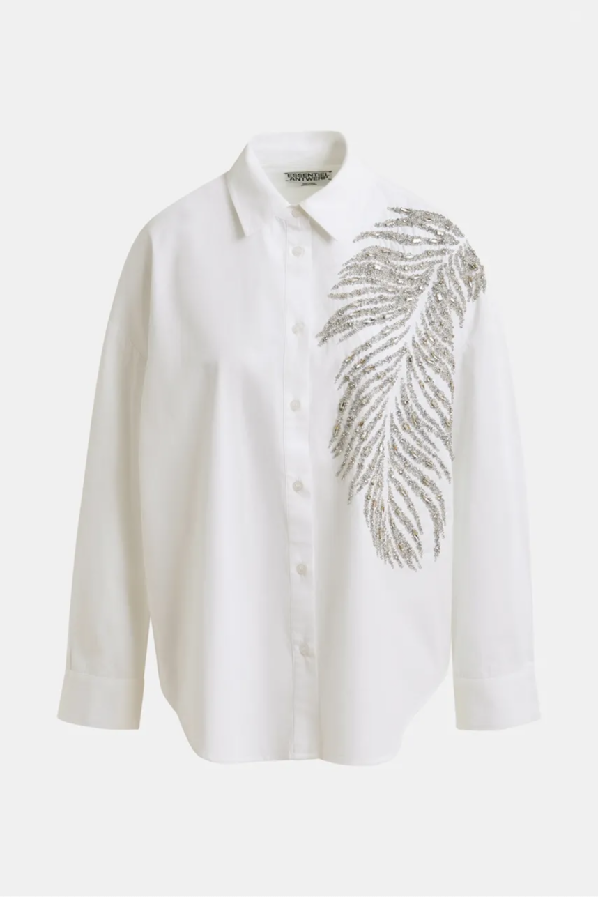 White silver oversized cotton shirt with sequin and bead embellishment