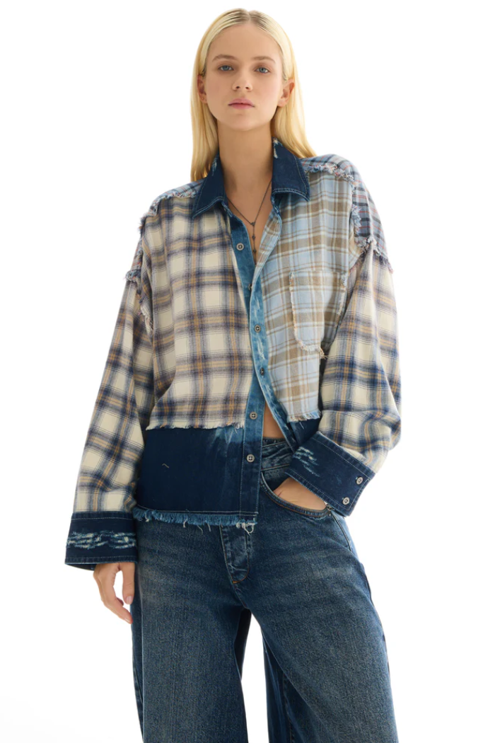 Mixed Flannel And Denim Shirt