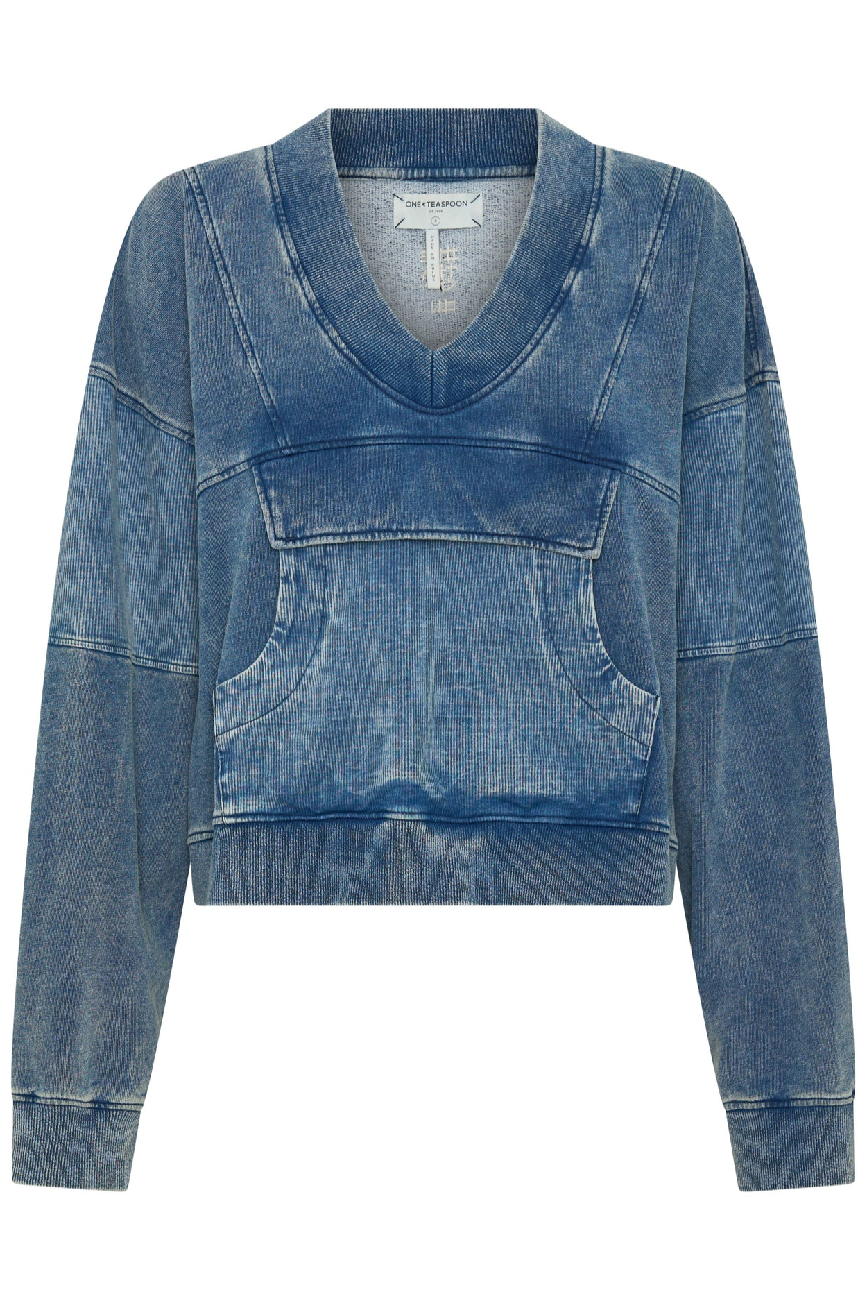Retro Fade Panelled V Sweater - Washed Blue