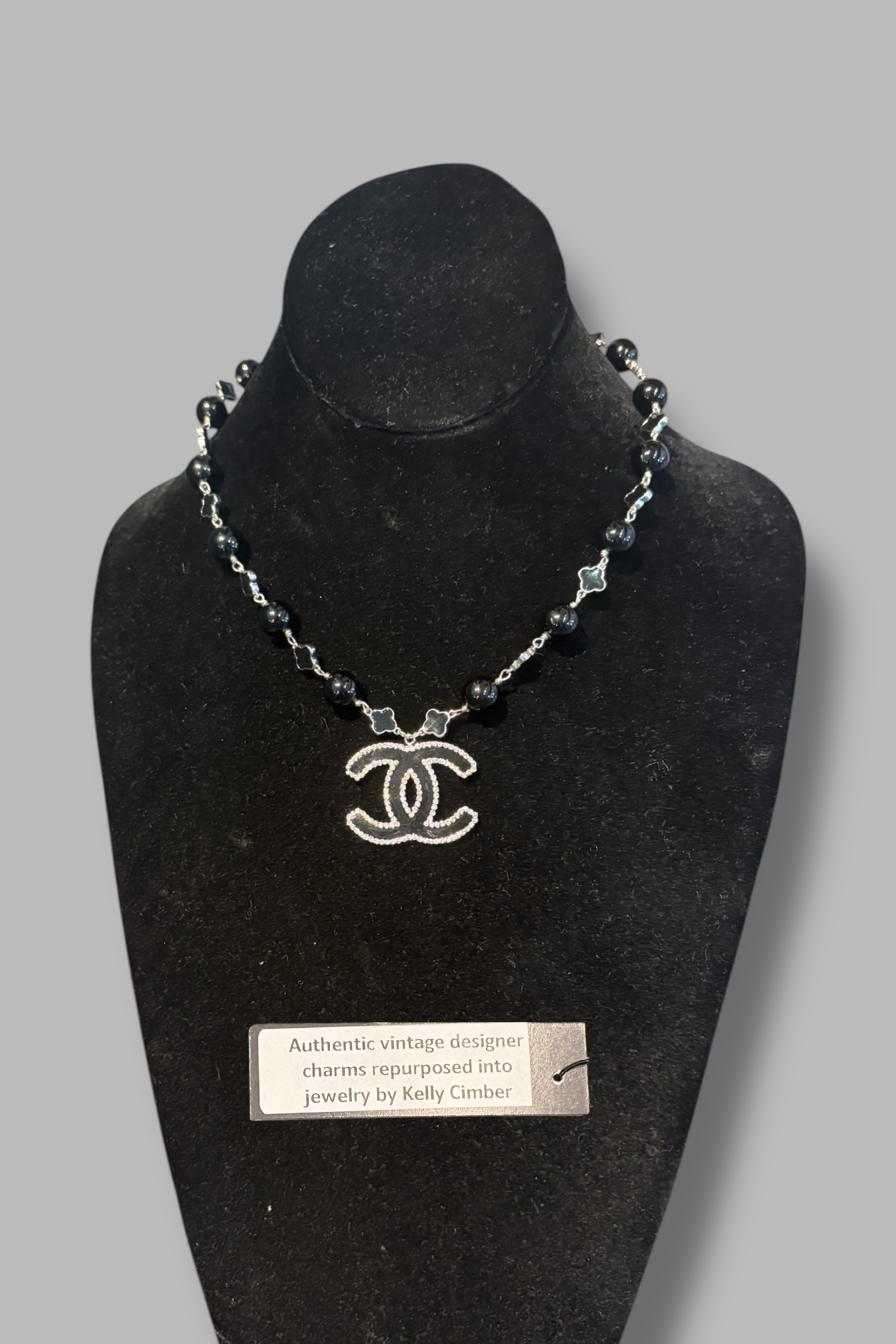 Vintage Reworked CC & Silver CZ Clover Necklace