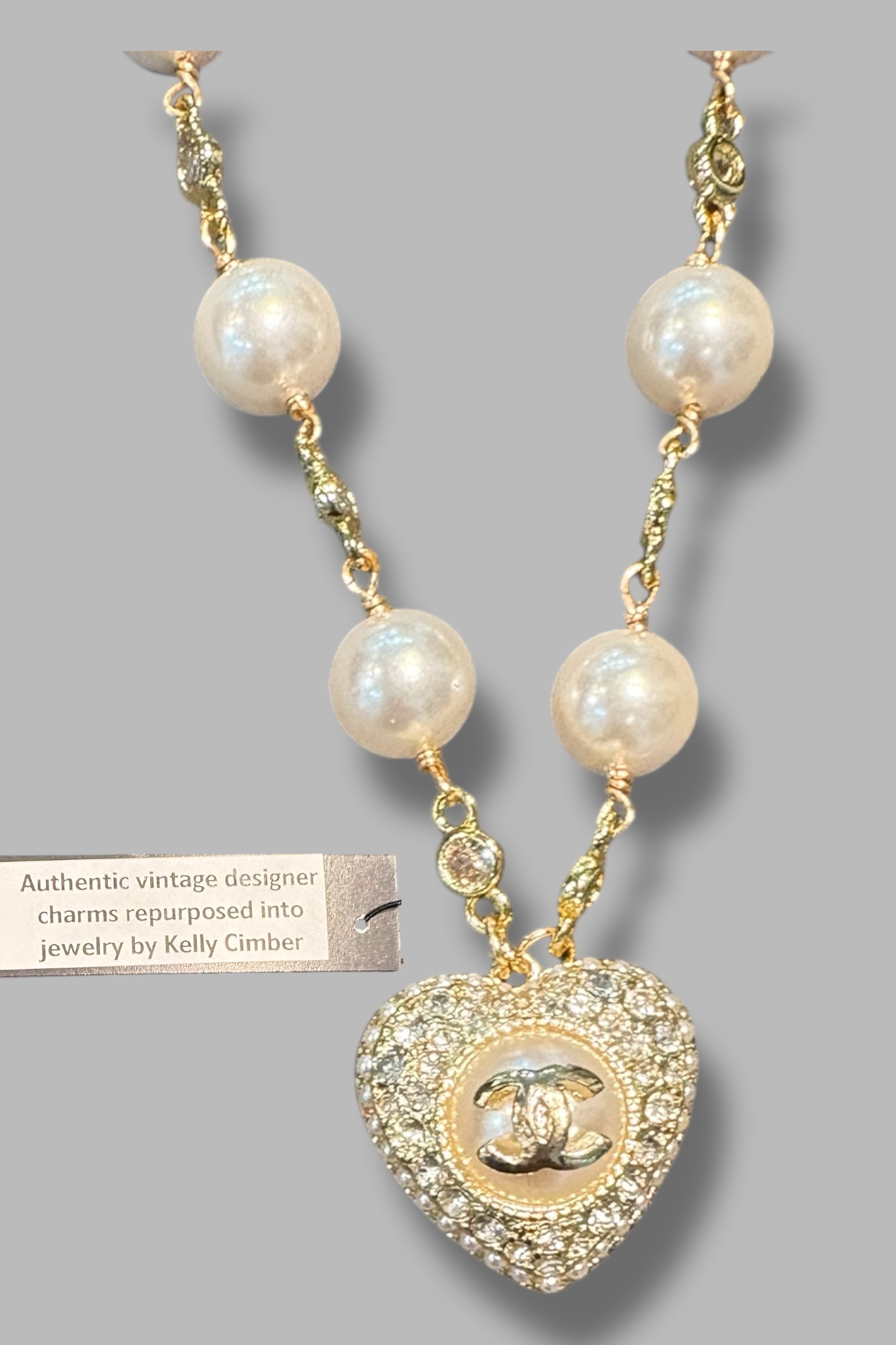 Vintage Reworked CC Large Pearl Heart Neckalce