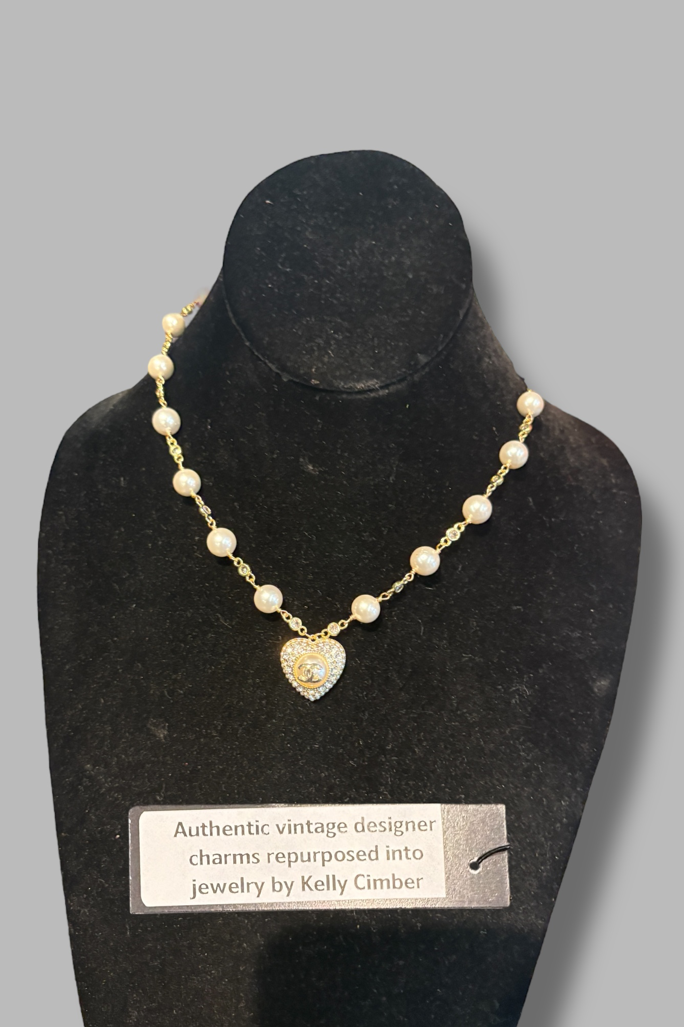 Vintage Reworked CC Large Pearl Heart Neckalce