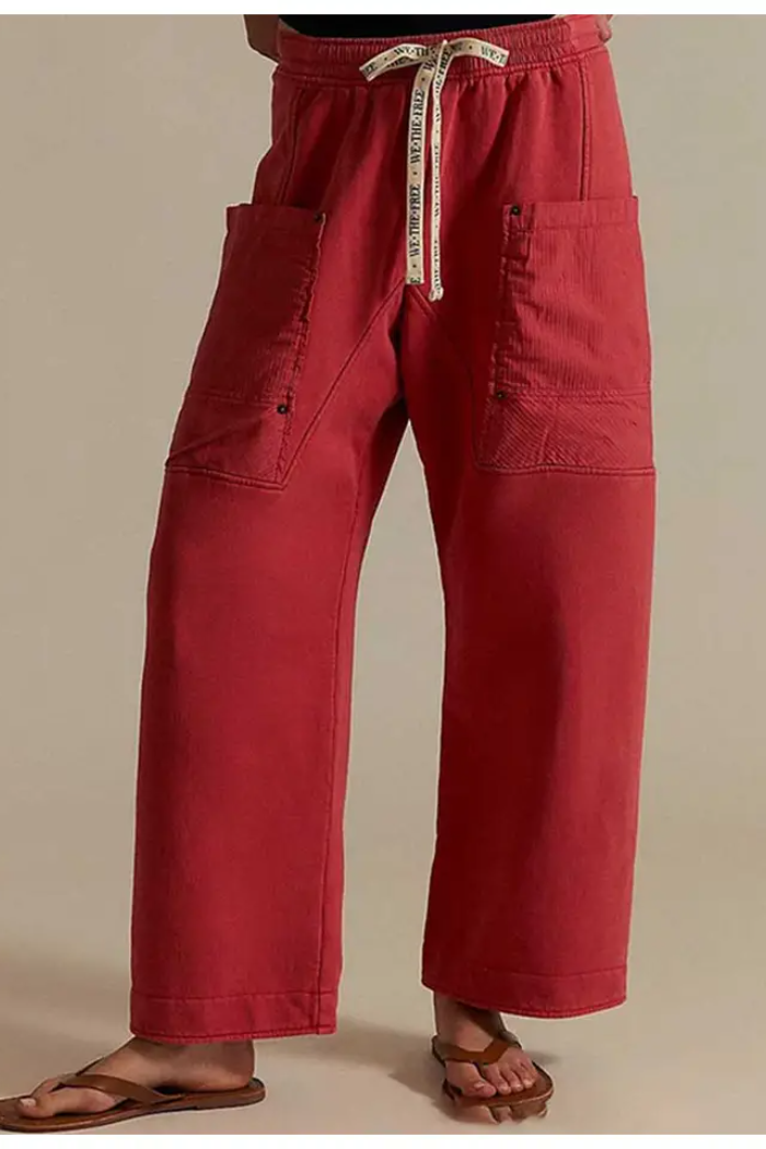 Ladies Elastic Waist Drawstring Pockets Stright Leg Denim Pants