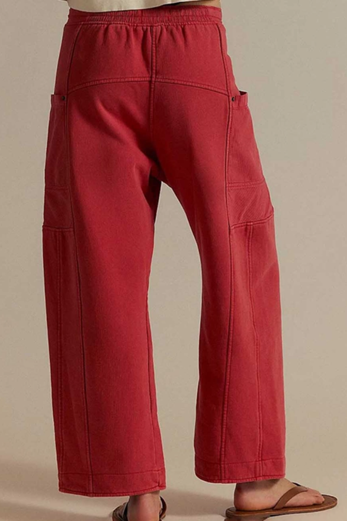 Ladies Elastic Waist Drawstring Pockets Stright Leg Denim Pants