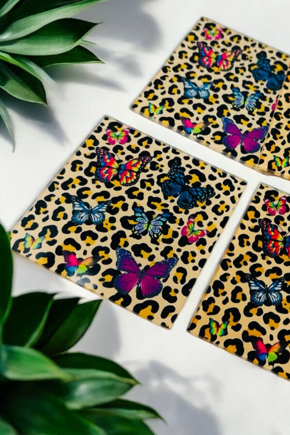 Cheetah Animal Print Butterfly Coaster Set