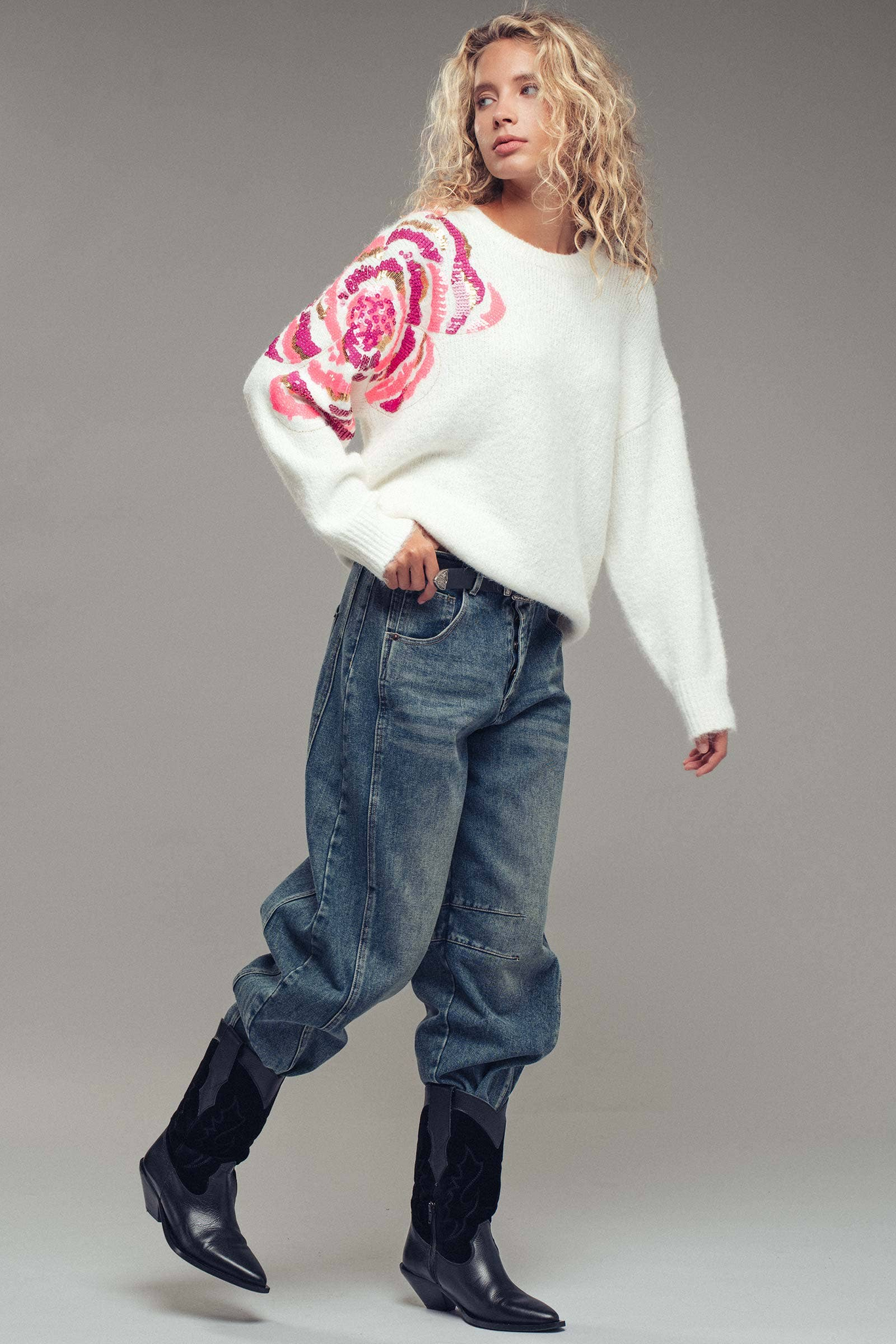 Sequin Floral Fuzzy Knit Sweater